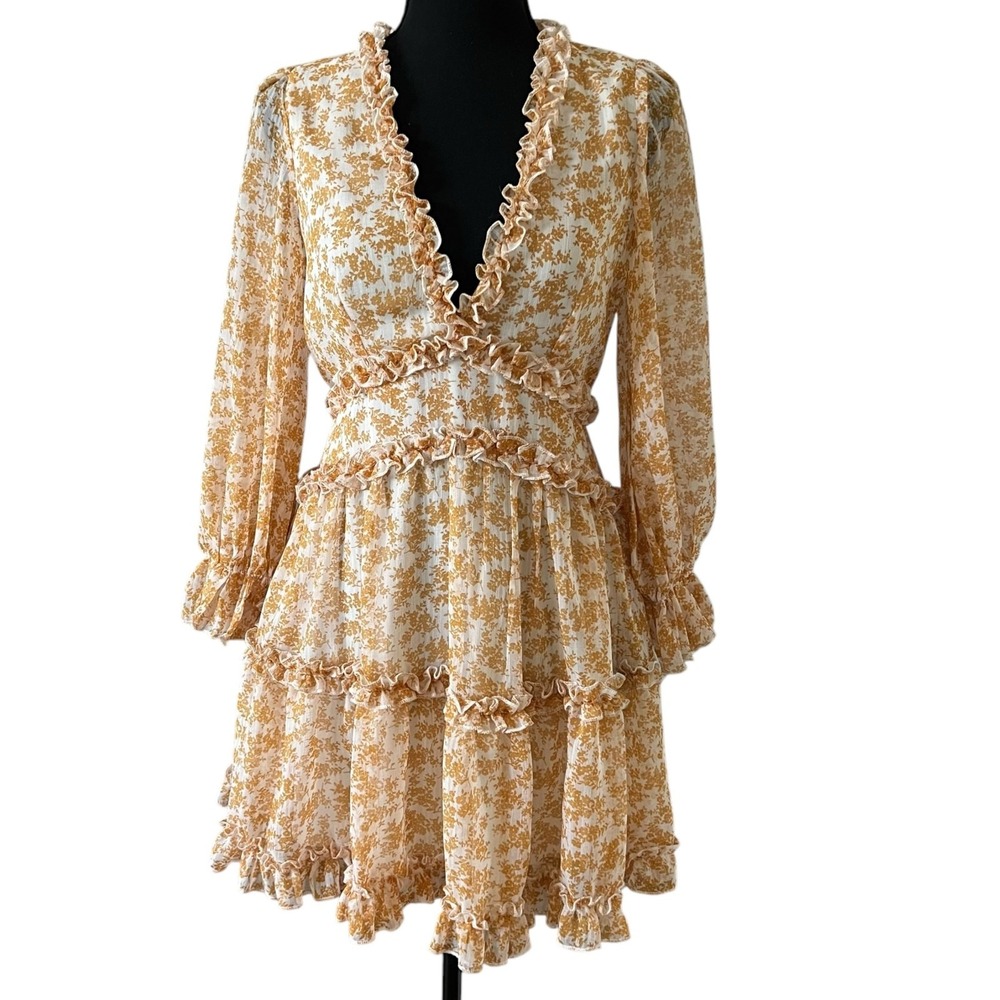 Saints + Secrets Floral Ruffle Mini Dress Mustard‎ Yellow Open Back Size S
